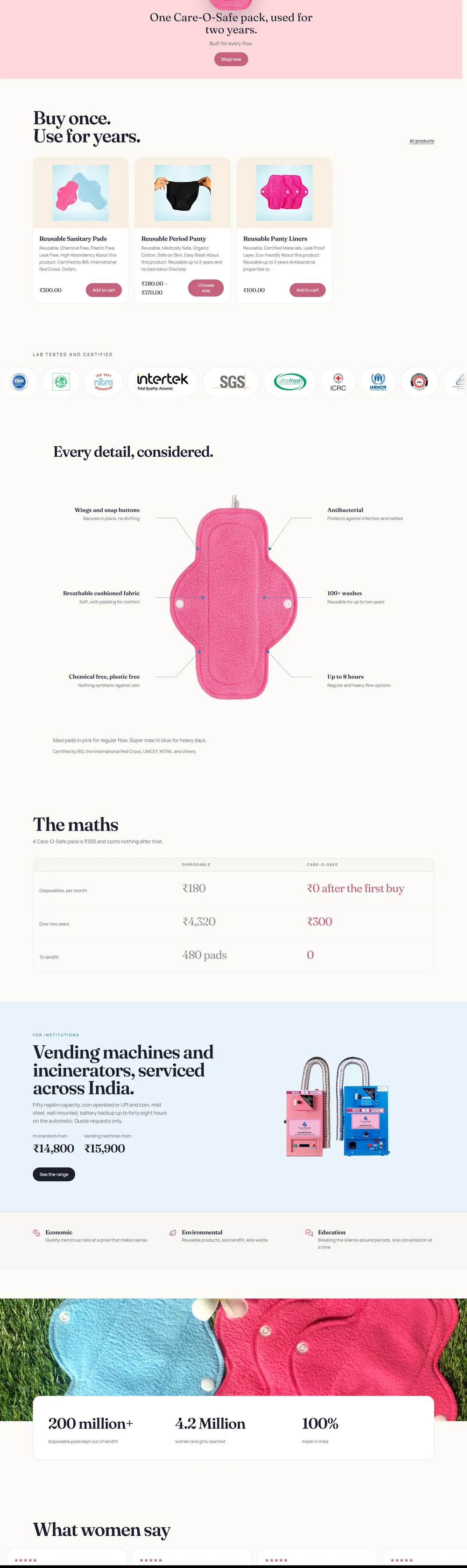 Care-O-Safe website homepage. Reusable period care products sold direct and supplied to institutions.